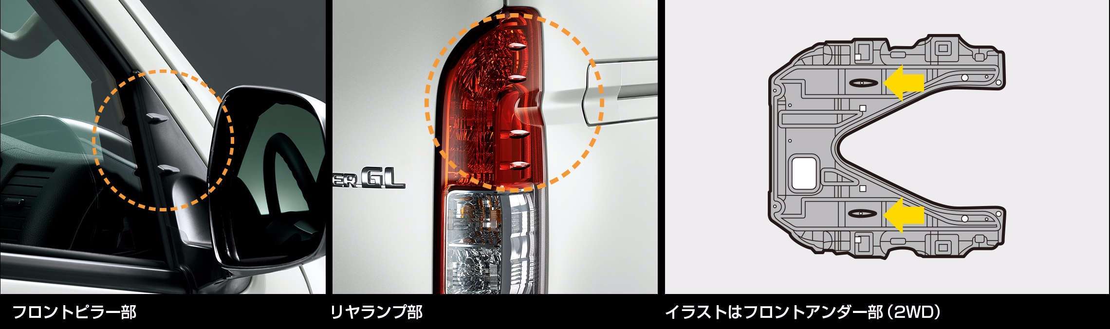 フロントピラー部/リアランプ部/フロントアンダー部